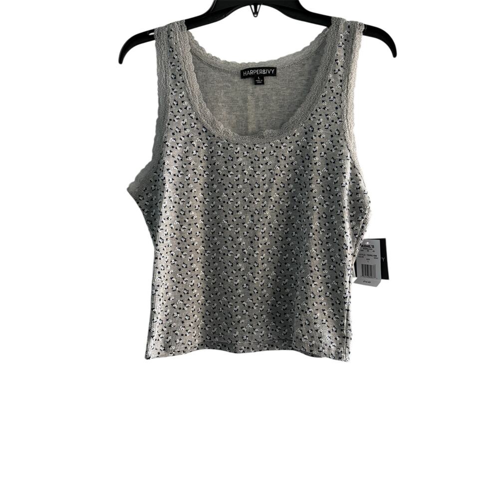 NWT Harper & Ivy Gray Ditsy Floral Lace Trim Sleep Tank Top Junior's Size Large